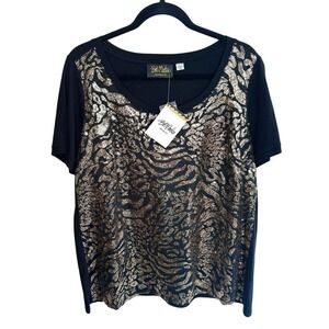 Bob Mackie Wearable Art Sequin Top L T-Shirt Black Gold Animal Print Tiger NWT